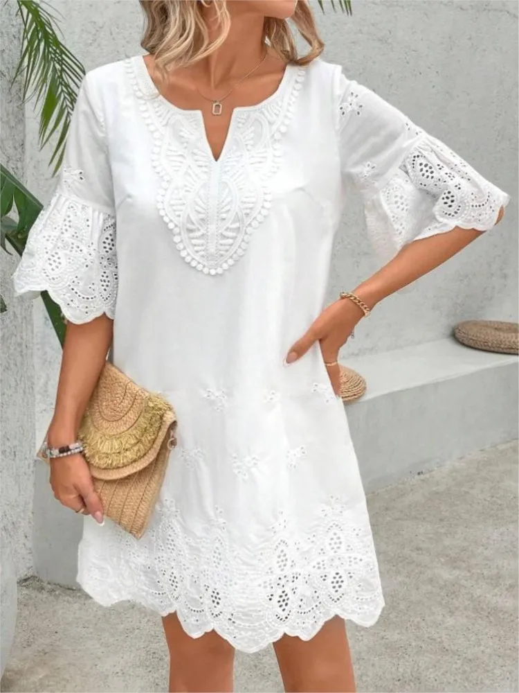 

Summer Fashion Casual Lace V-neck Short Sleeve Dress New Hollow Out Elegant White Office Holiday Party Mini Dresses Robe Femme