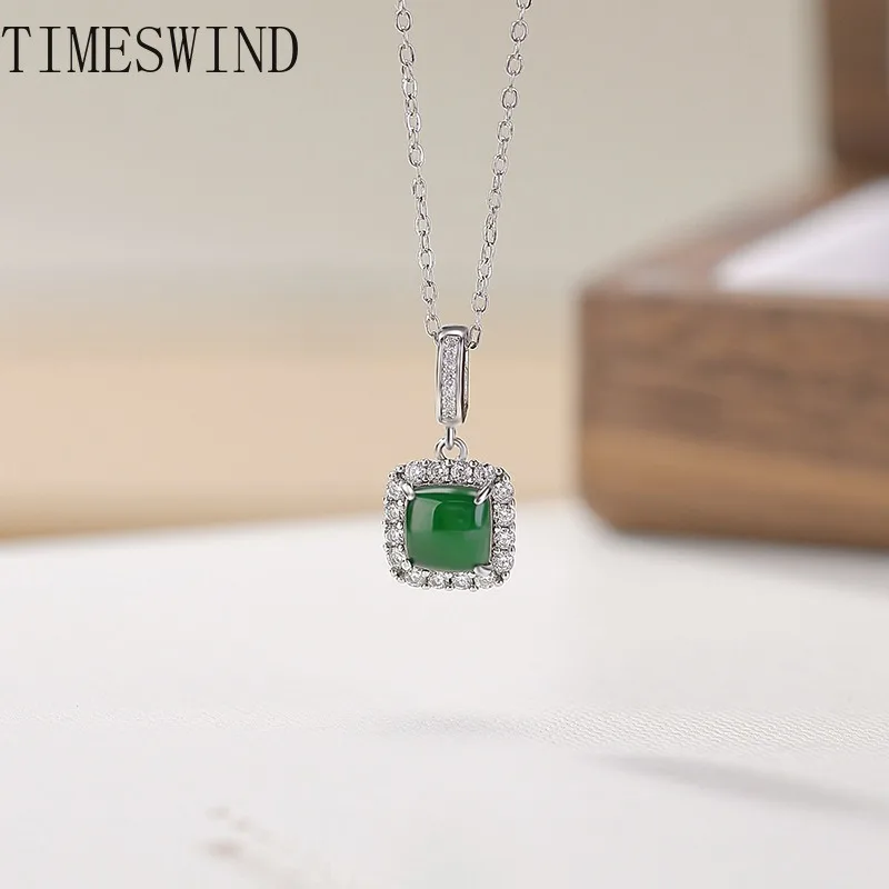 

TIMESWIND Authentic A-type Jade Natural Green Square Full Zircon S925 Women Necklace Fashion Jewelry with Certificate
