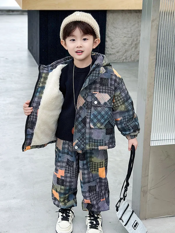 

Комплект джинта и брюк Thiened Fce в клетку для мальчиков, зимняя одежда, повседневная спортивная одежда, модная одежда для детей-подростков