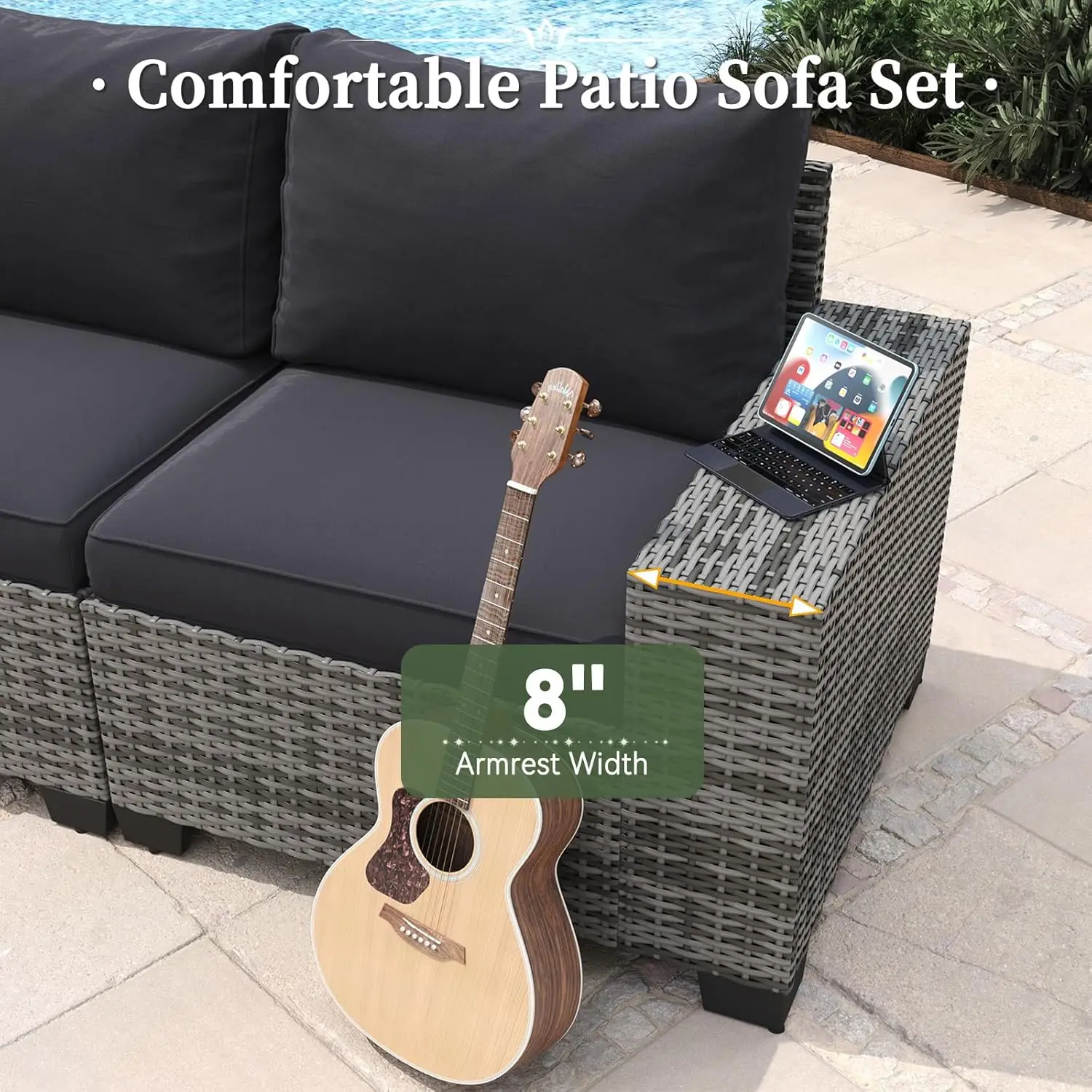 #6pc Patio Set Rattan Sectional Sofa Wide Armrest Coffee Table Cushions Waterproof Cover, Customized