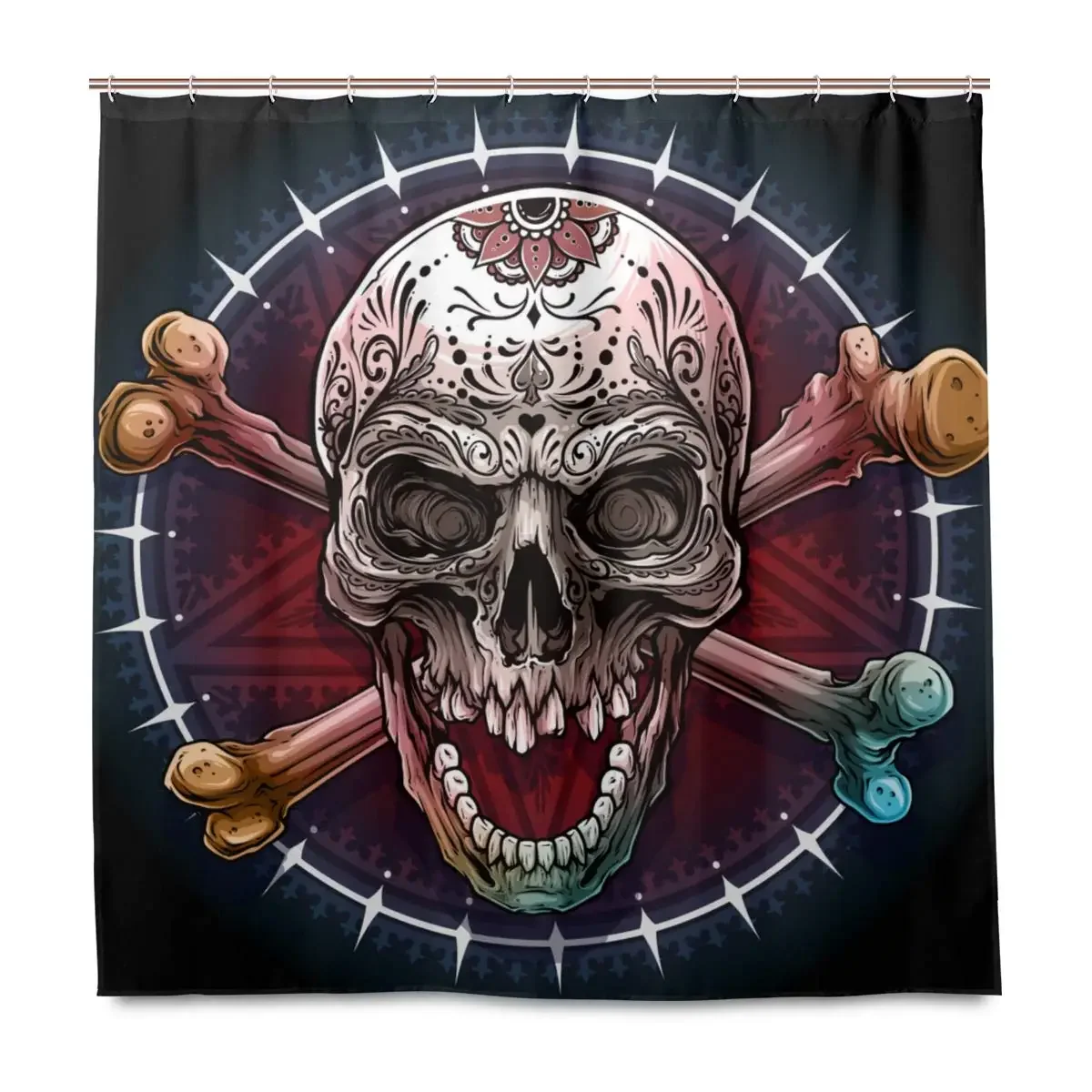 Graphic Realistic Colorful Mexican Tattoo Floral Ornament and Crossed Bones Shower Curtain