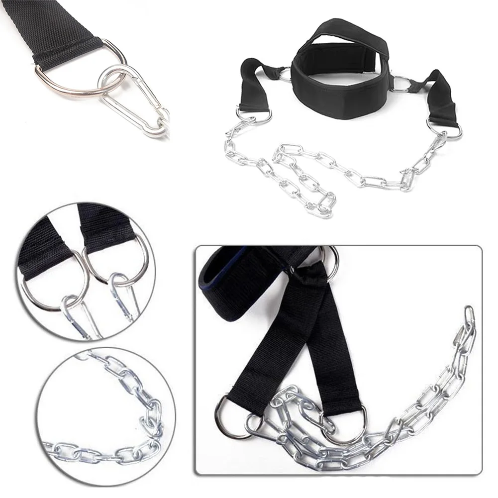 

Gym Fitness Weight Bearing Cap Adjustable Neck Harness with Steel Chain Neck Trainer Neck Muscle Power Training