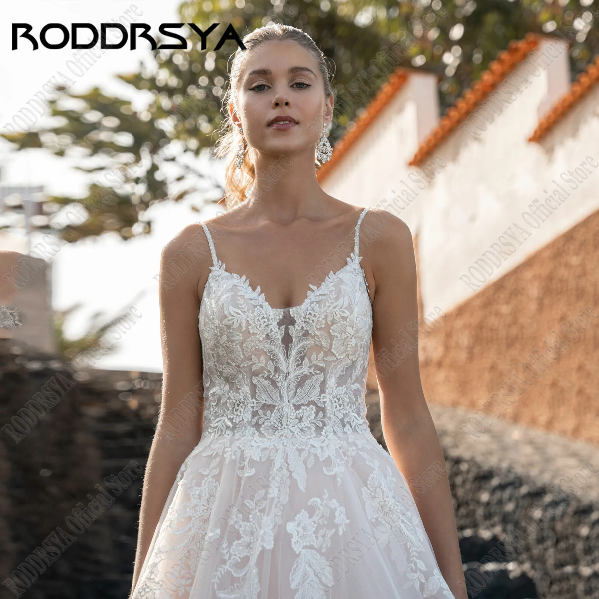 RODDRSYA-vestido De novia sin espalda con purpurina para mujer, con tirantes finos vestido De novia, línea A, cuello en V, Apliques De encaje sin