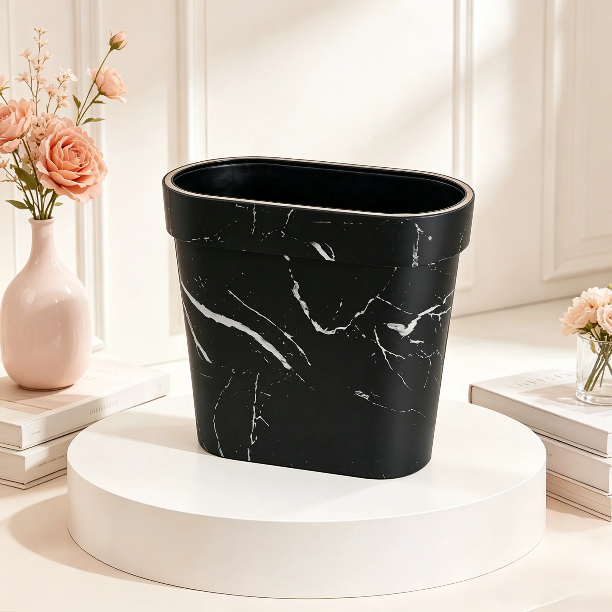 Press Ring Black Marble Pattern Slim Waste Basket, Narrow Profile Corner Trash Bin for Indoor Household Use