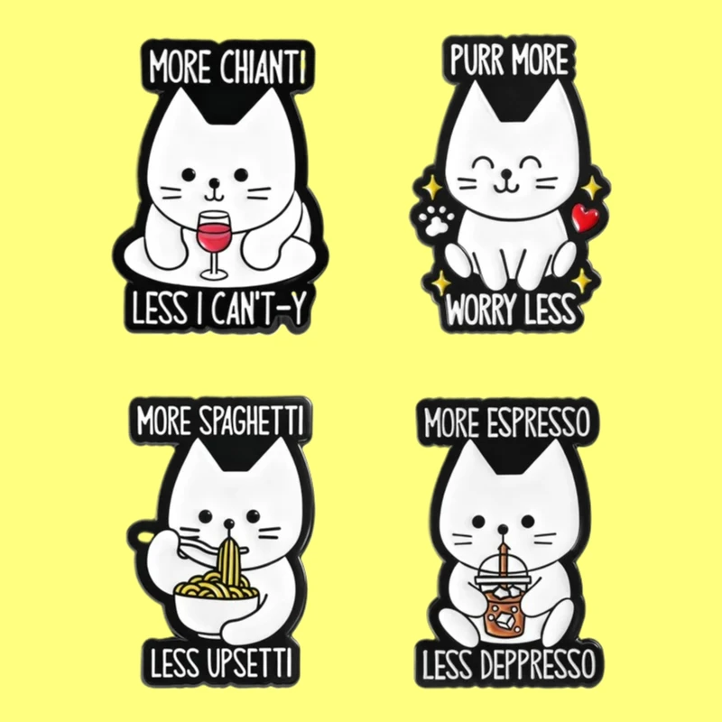 Pines Fun Cat Slogan Brooch Cartoon Quotes Life Meme Badge Coffee Red Wine Cat Styling Pin Jewelry Pins for Backpacks