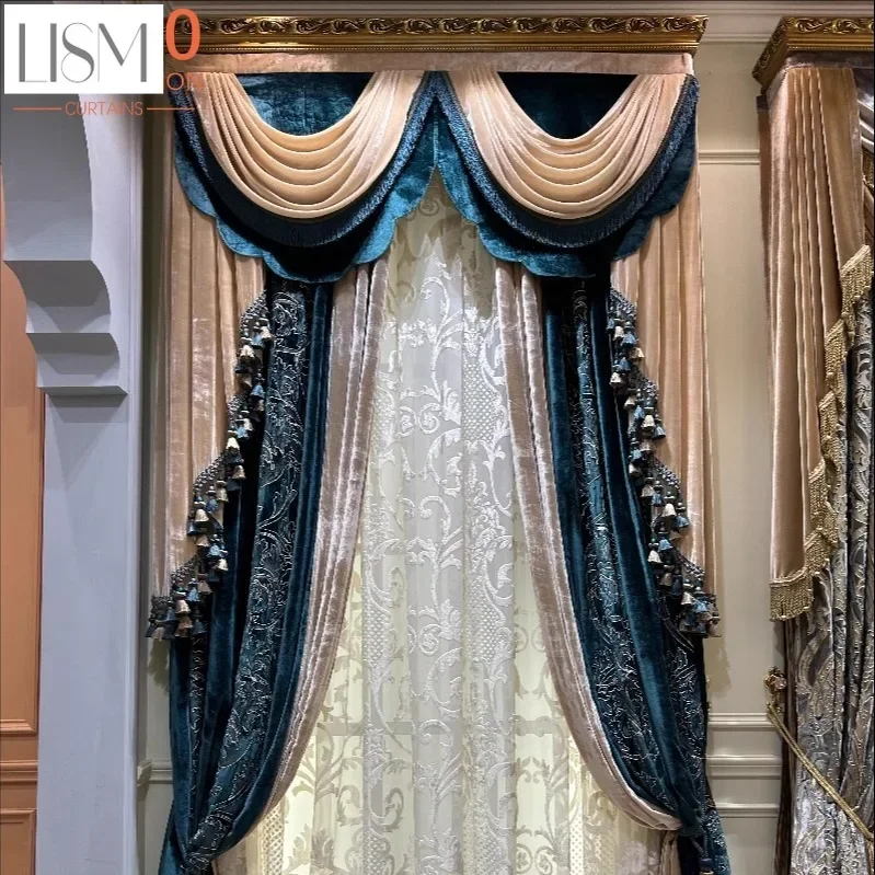 New Blue Champagne Velvet Embroidered Splicing Curtains For Living Room Bedroom Villa Customized Finished Products Valance