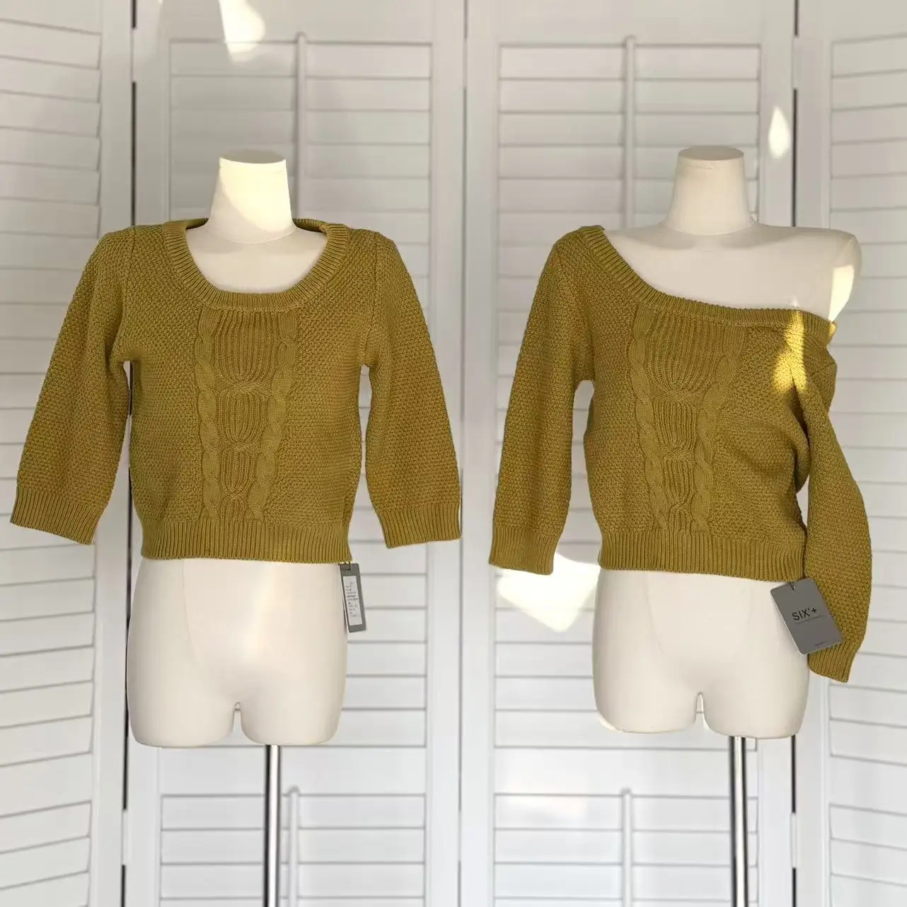 Women's Spring Autumn Elegant O Neck Three Quarter Sleeve Short Sweater Lady Solid Color Twisted Pattern Pullover Jumper