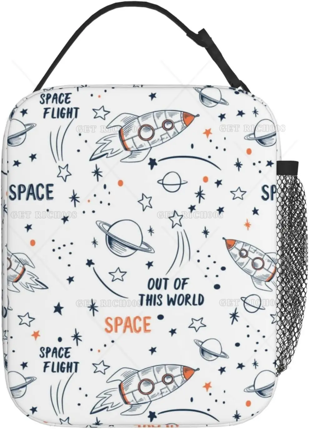 Cartoon Space Rocket Planets Stars Insulated Lunch Bag for Boys Lunch Box for Office Travel Meal Tote Bag for Women and Men