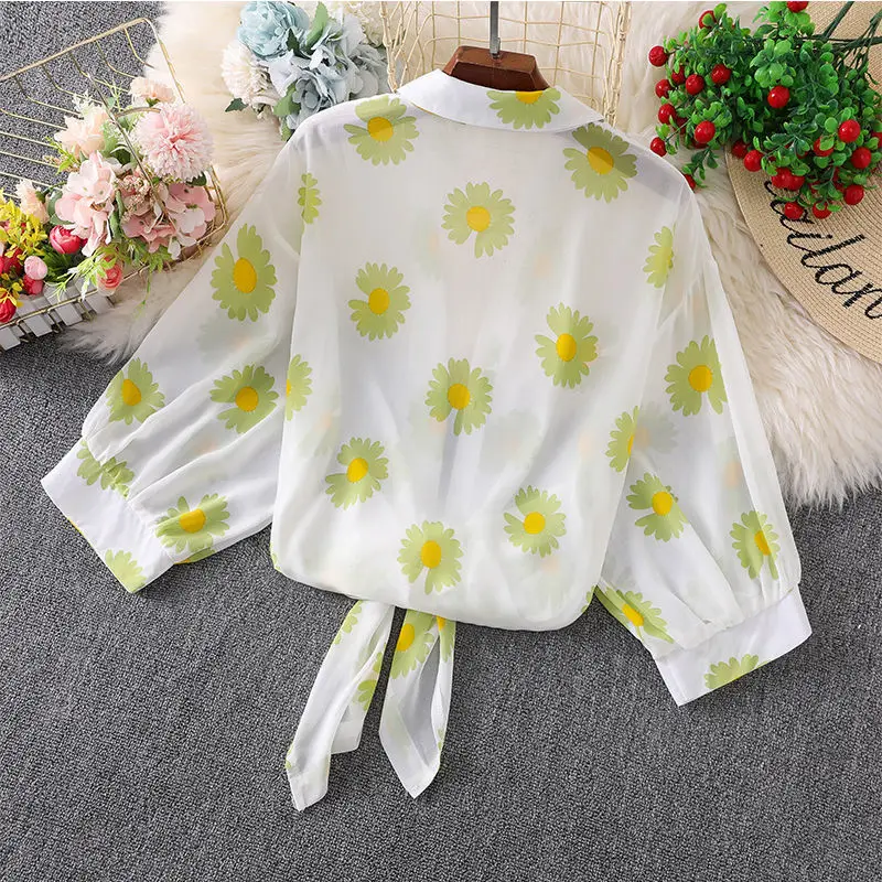 Women\'s Summer Chic Daisy Print Chiffon Sun Shirt Sling Wide Leg Pants 3 Piece Set Korean Casual Lady Graceful Outfits 2023 New