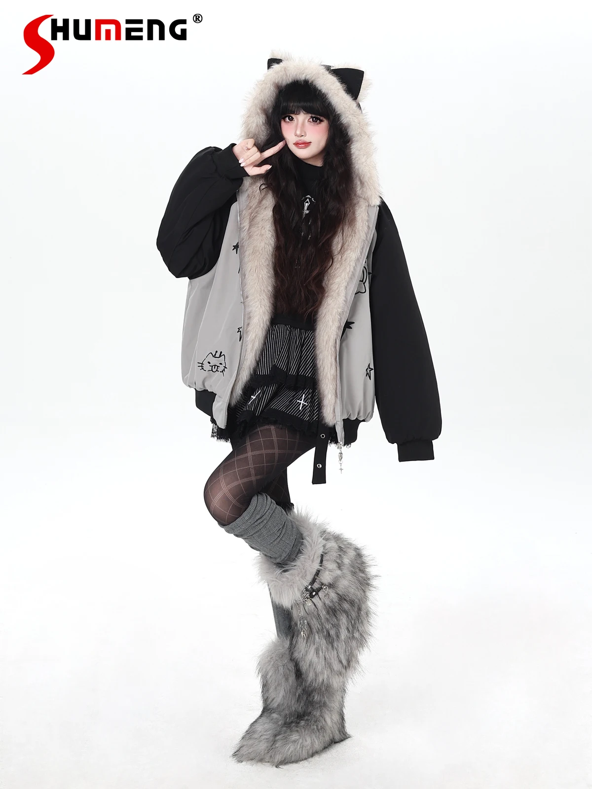 

Original Japanese Fashion Sweet Cool Girl Y2K Cat Ear Hooded Coats Cartoon Embroidery Thick Plush Short Jackets for Women Winter