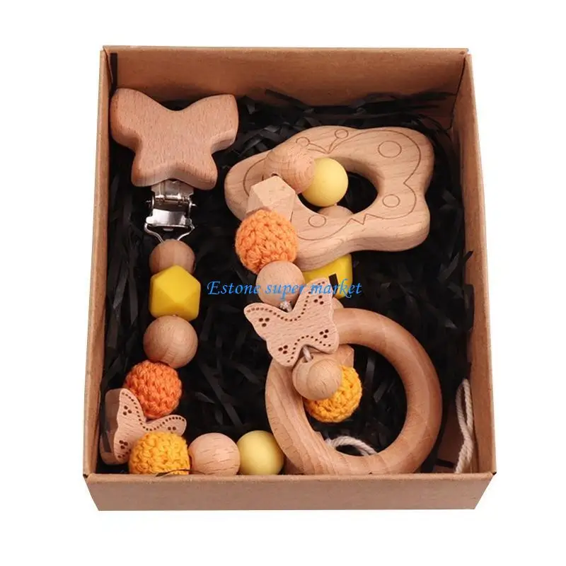 090B 2 Pcs Teether Natural Wooden Baby Rattle Montessori Teething Rings Clutching Toy Baby Pacifier Chain