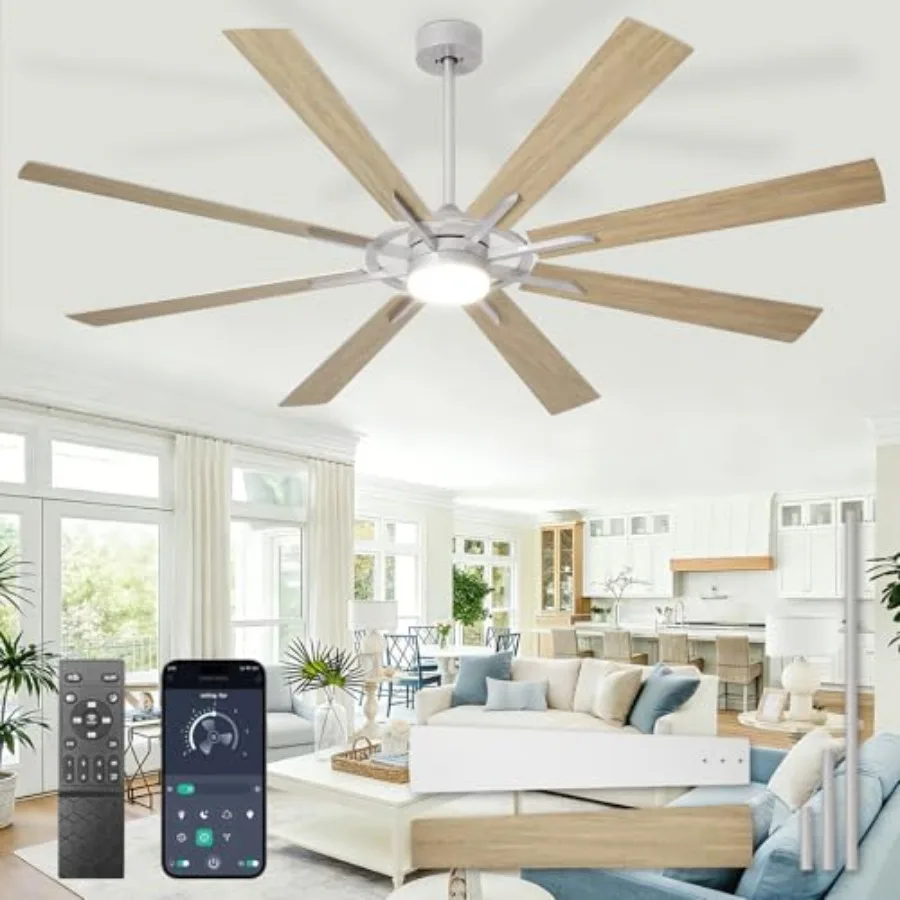 

Large Ceiling Fans with Lights: Modern 72 Inch 8 Blade Outdoor Ceiling Fan with Remote APP Control - Dimmable Wood Big Fan Ligh