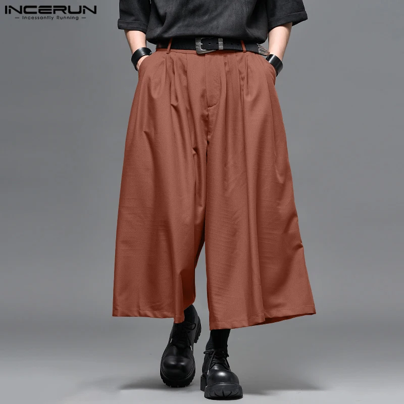 INCERUN 남성 와이드 레그 팬츠 버튼 조깅 플리츠 루즈 캐주얼 바지 남성 streetwear 한국 스타일 패션 레저 남성 바지
