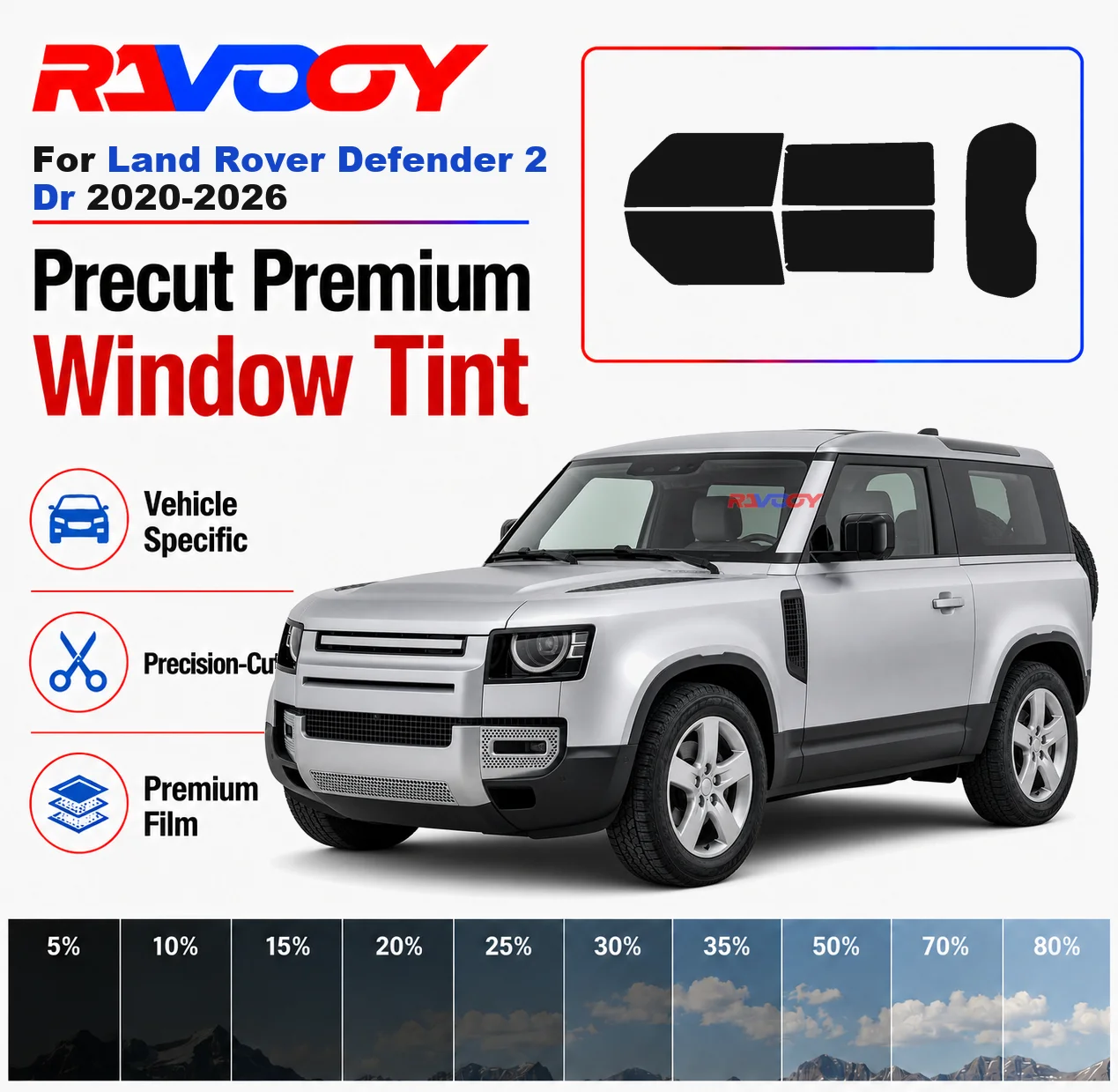 

Premium Precut Window Tint Kit Front Rear Windows For Land Rover Defender 2Dr 2020-2026 Complete Set Car Solar Nano Ceramic Film