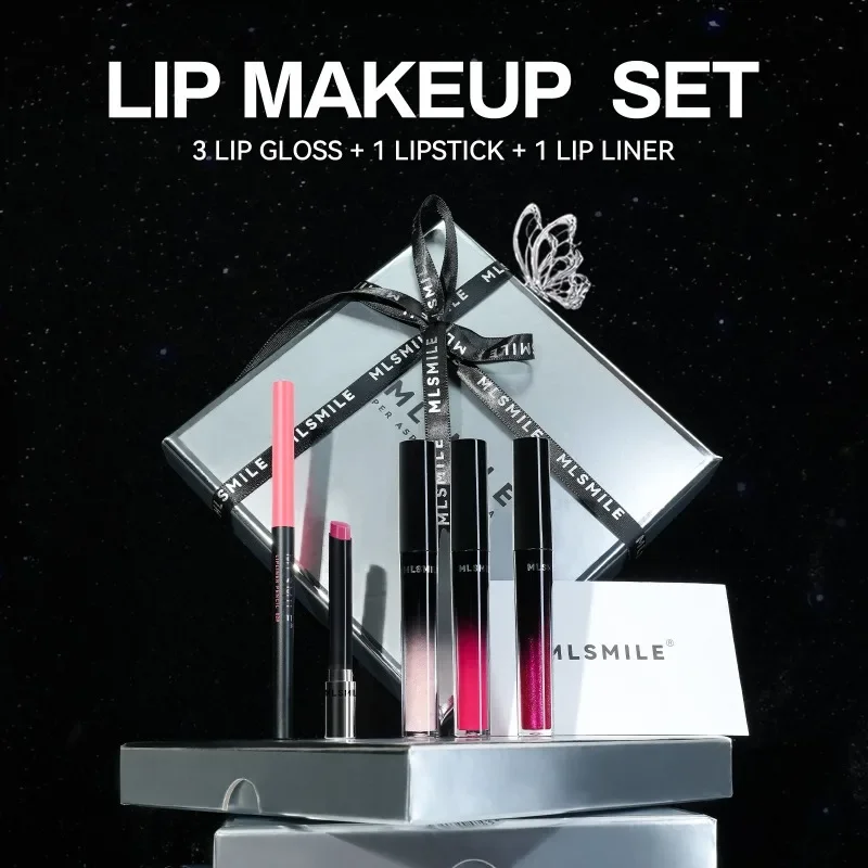 Zilveren Geschenkdoos Lip Glazuur Set 5 stks Lippenstift Set Lip Liner Potlood Non Stick Cup Waterdichte Matte Lipgloss Tint vlek Cosmetica