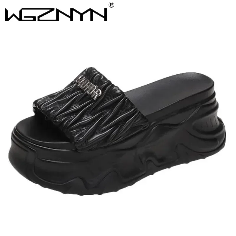 

НОВЫЕ шлепанцы, женские шлепанцы, туфли на очень высоком каблуке и платформе, пляжная обувь на танкетке 7 см, плиссированные сандалии, летняя женская обувь на массивном каблуке