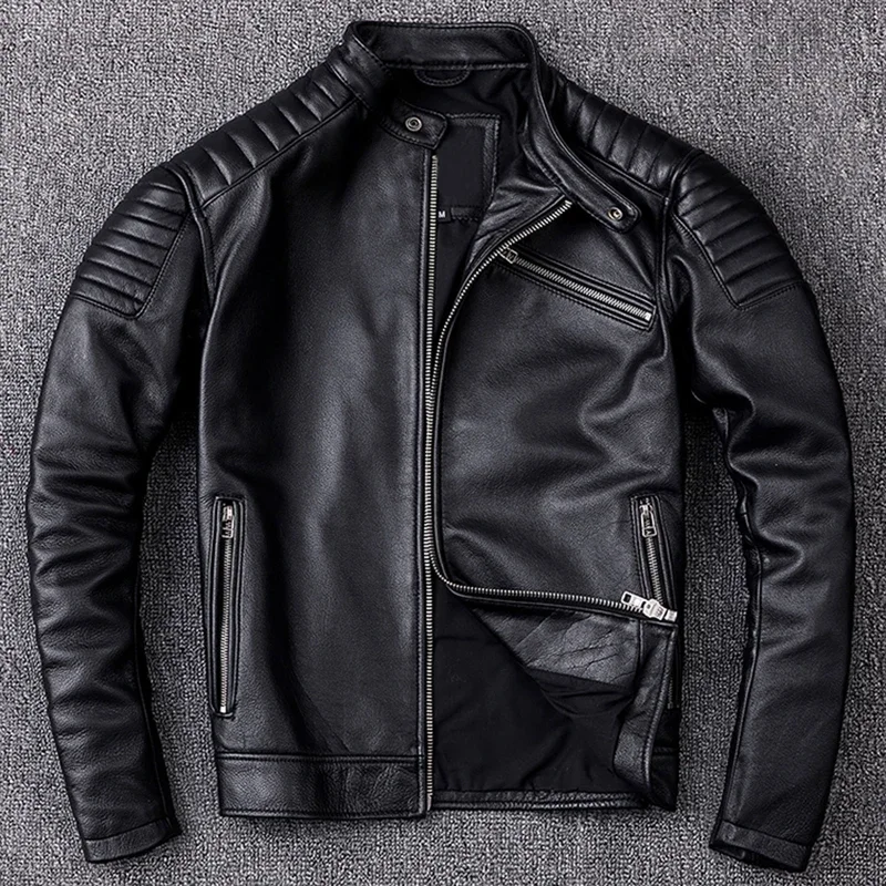 New Motorcycle Style Men's Cowhide Genuine Leather Clothes,Fashion Black Motor Biker Jacket Cool Leather Coat Plus Size 5XL