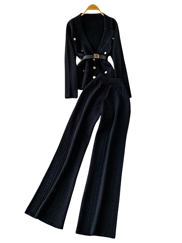 Modny dzianinowy komplet z wzorem labiryntu, dopasowany do talii, żakiet z długimi spodniami z wysokim stanem dla kobiet, idealny na jesień i czas wolny.