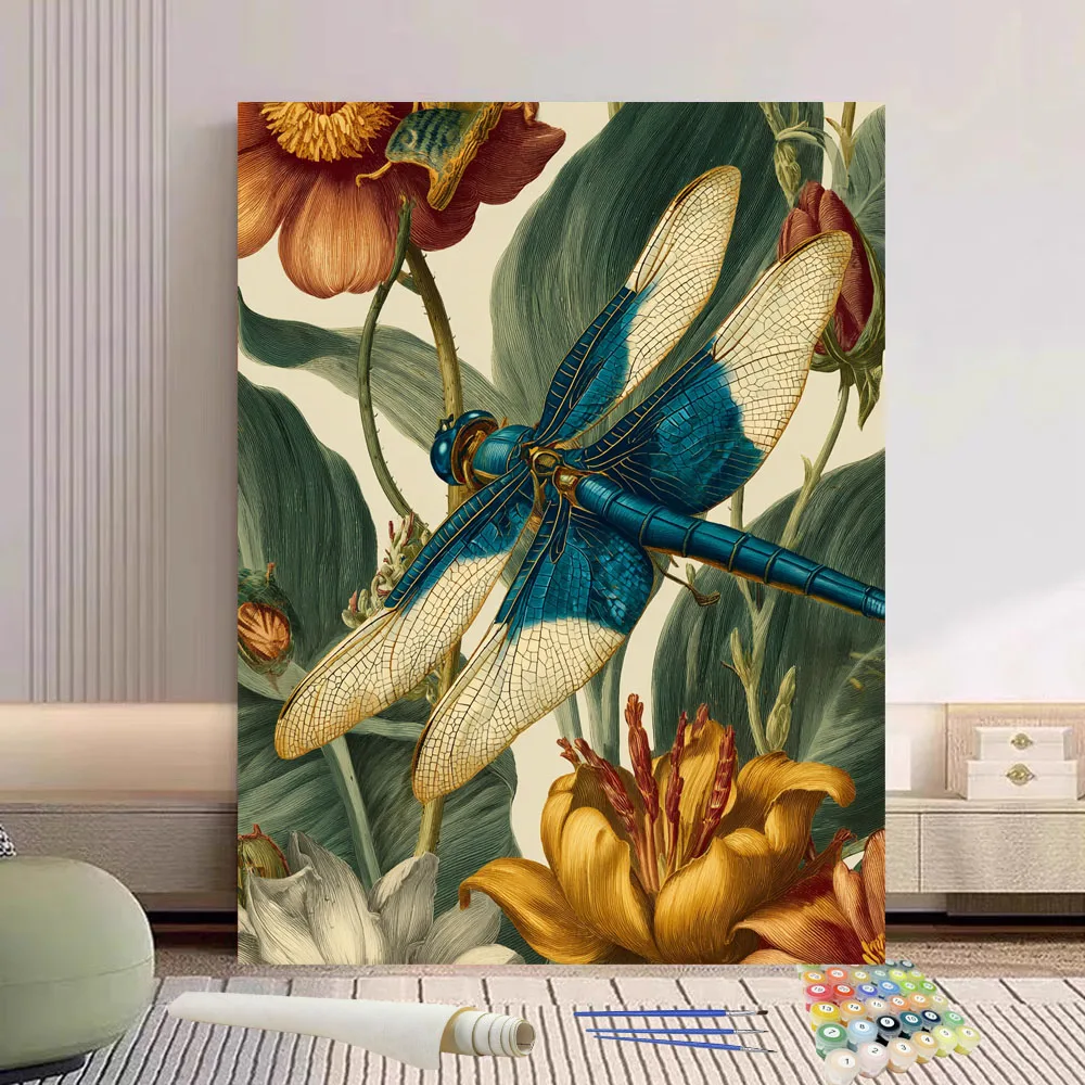 

Картина по номерам Стрекоза рядом с цветком DIY Ручная роспись маслом Холст Раскраска Уникальный подарок Украшение дома