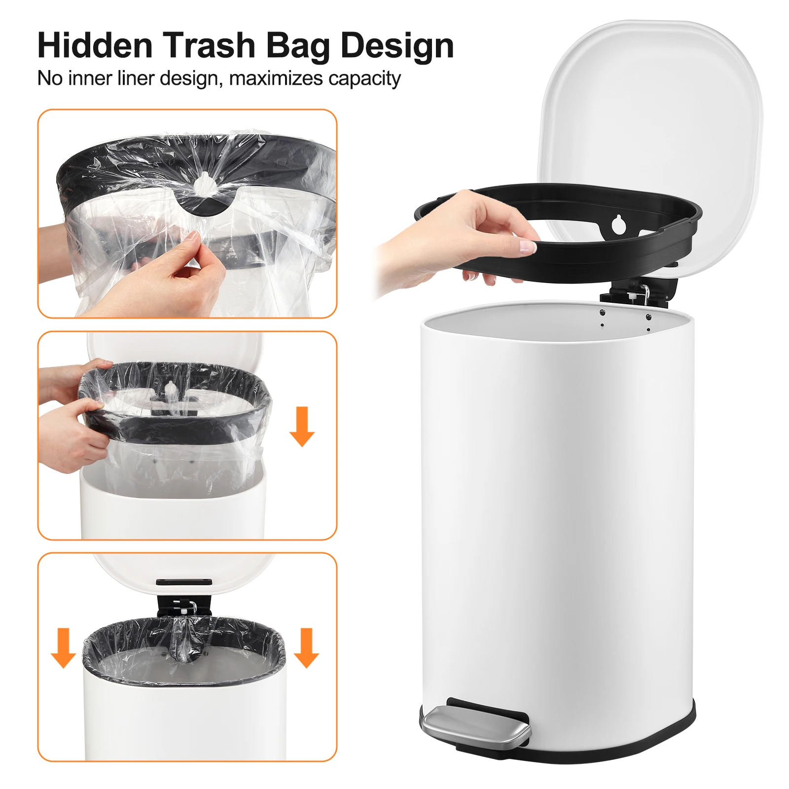 

8 Gallon Bathroom Step Trash Can, 30-Liter Square Foot Pedal Garbage Can with Soft-Close Lid for Kitchen, Without Inner Bucket