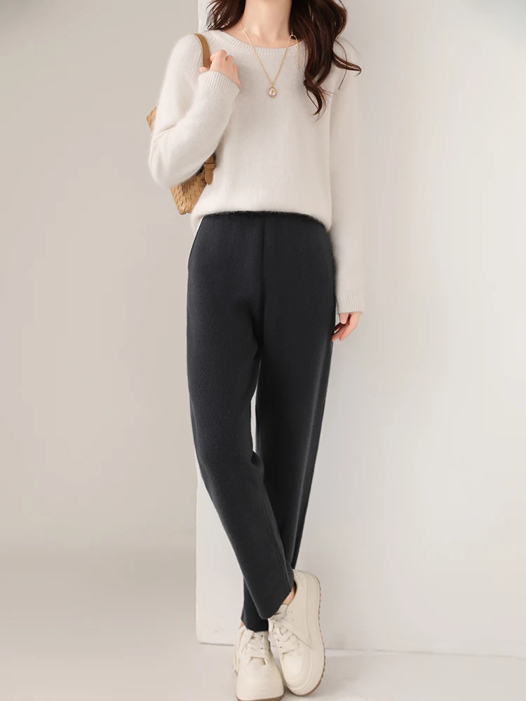 

Women wool Pencil Pants Elastic Waist Casual Knit Pants For Autumn Winter 100% Merino Wool Knitwear Korean Fashion Trousers