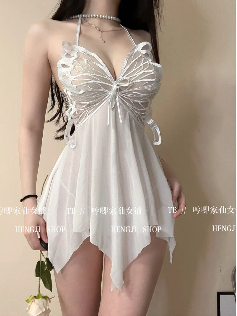 

V Neck Butterfly Mini Dress Mesh Lace Transparent Sexy Summer Butterfly Hanging Neck Mesh Split Strap Dress Elegant Girl 8R2S