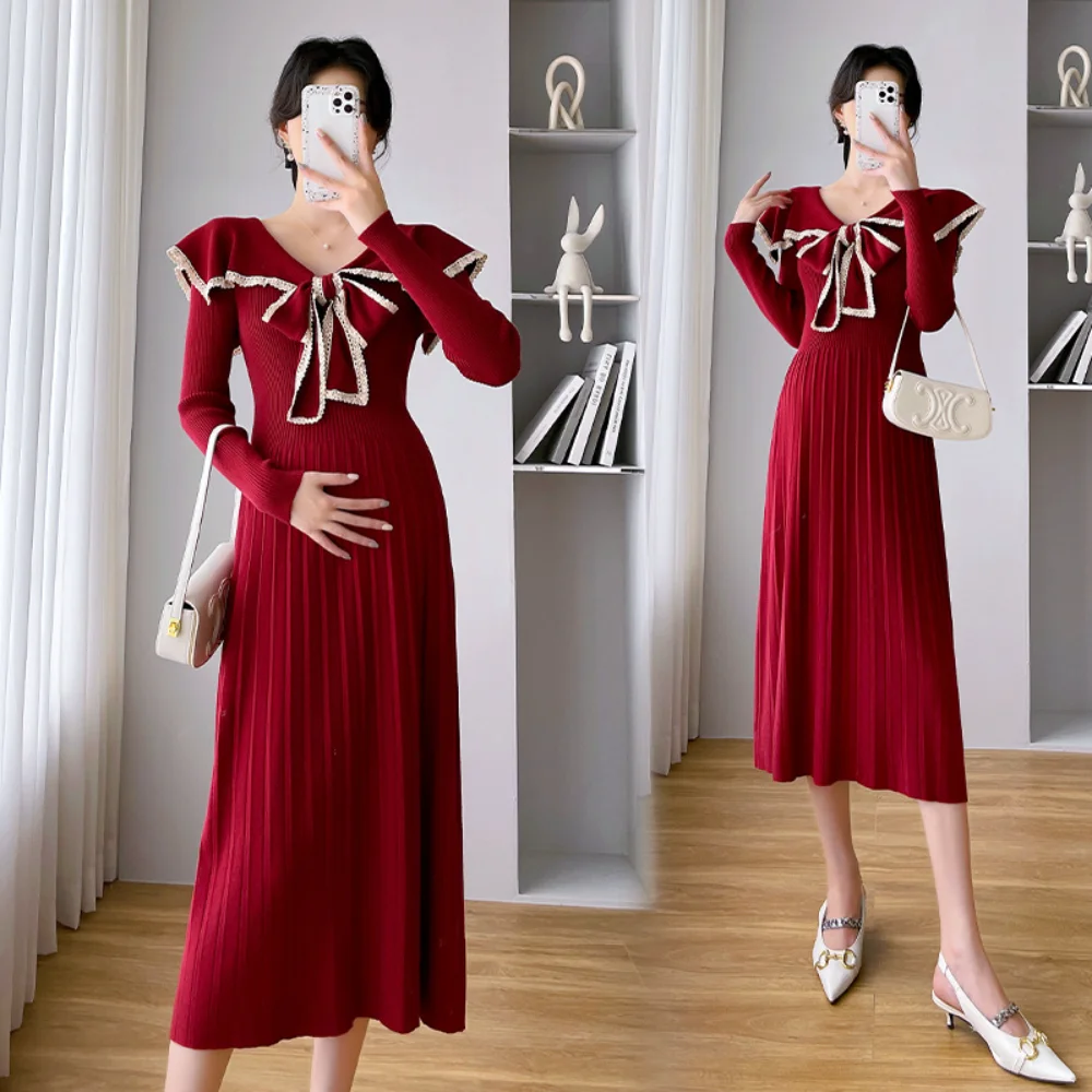 NEW Autumn Winter Warm Knitted Maternity Dress Elegant A Line Slim Loose Clothes for Pregnant Women Pregnancy photoshoot dress