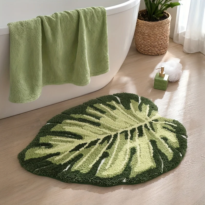

Flocked Monstera Leaf Bath Mat, Non-Slip Absorbent Shaped Rug for Bathroom, Spring and Fall Home Decor Floor Mat