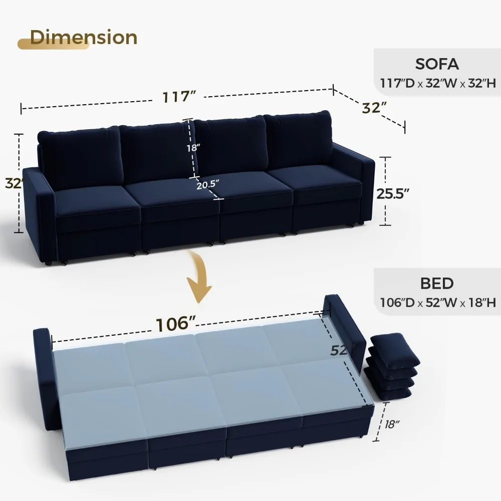 Modular Sectional Sofa, 118 Inch Comfy Sofas, 4 Seater Sofas with Storage Space, Sleeper Sofa, Velvet, Living Room Modern Sofa