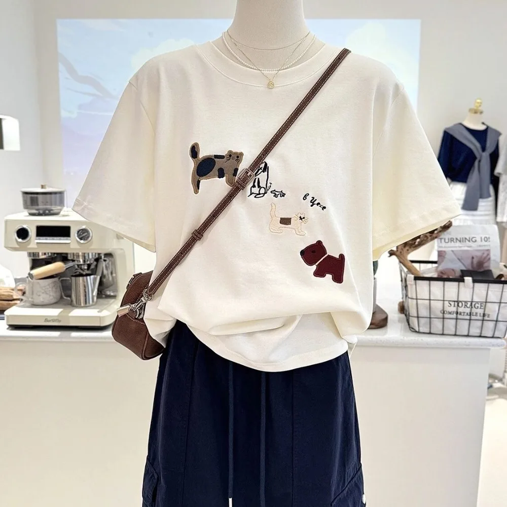 

Повседневная свободная женская футболка с круглым вырезом из чистого хлопка с короткими рукавами, летние модные базовые топы с мультяшным принтом для поездок на работу