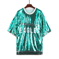 High Quality Letter Streetwear Loose Straight T-Shirt Runway Summer Sequins Hip Hop Striped Short Sleeve Women's Clothing