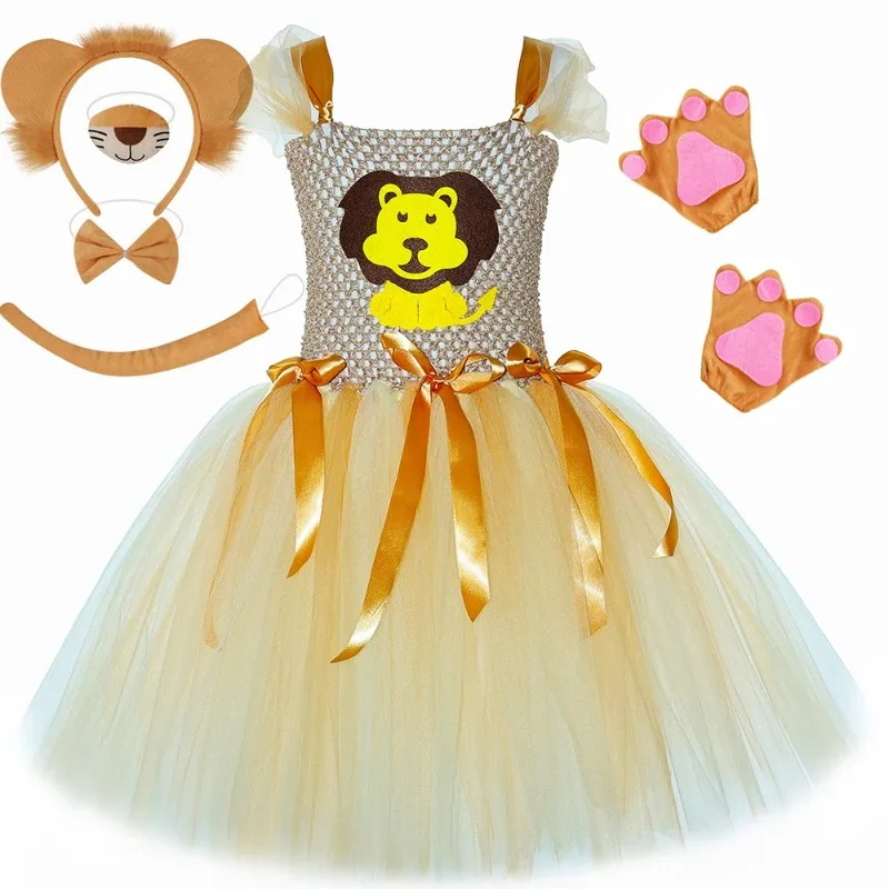 Girls Wild Animal Themed Tutu Dress Set, Halloween Party Performance Costume, Cute Khaki Lion Role-play Outfit for Children