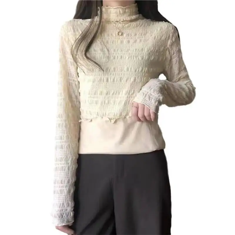 

Осень-зима плюс флисовая нижняя рубашка женская элегантная кружевная верхняя одежда с высоким воротником топы повседневная универсальная облегающая блузка