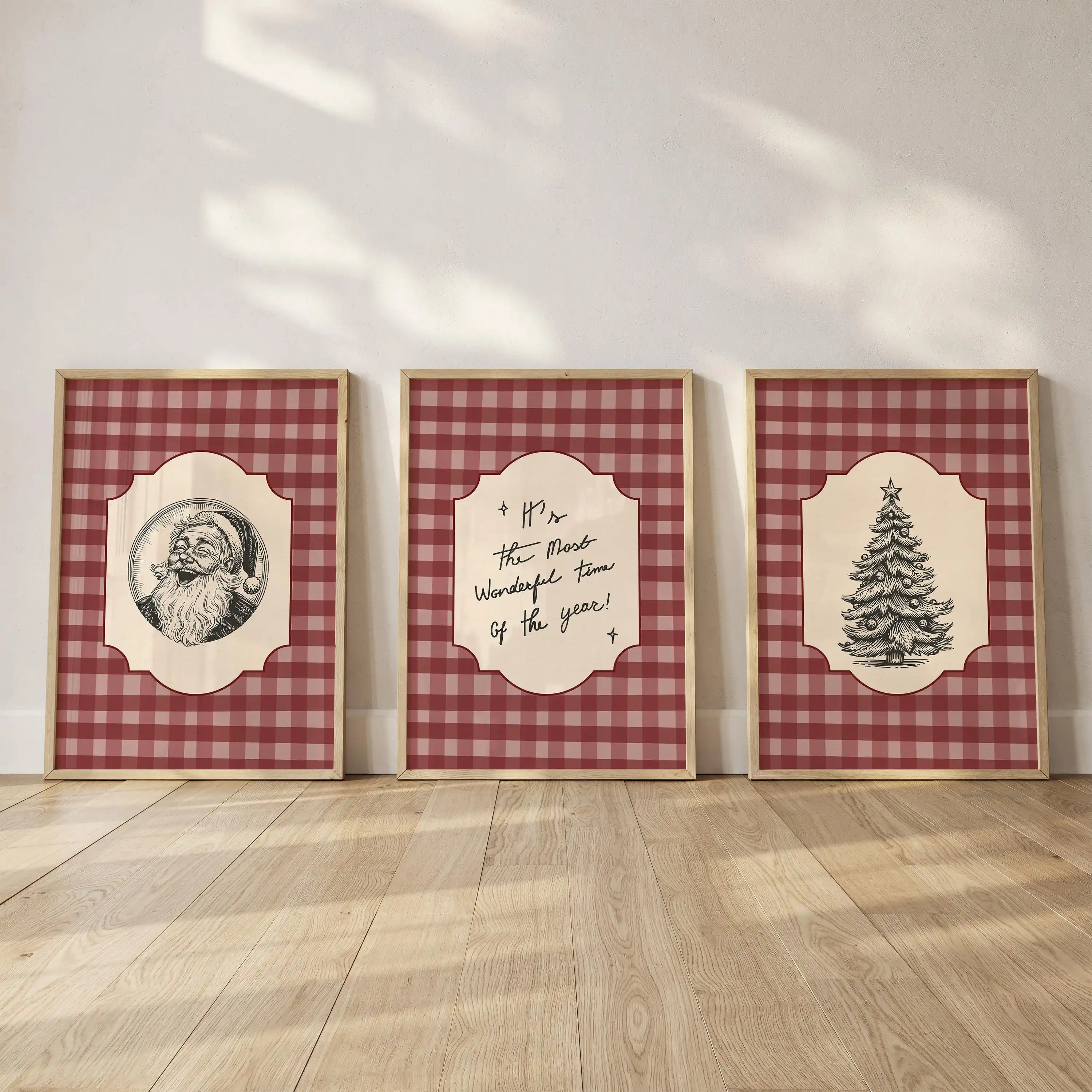 3pcs/Set Vintage Burgundy Plaid Christmas Poster Frameless Trendy Holiday Poster Whimsical Christmas Cozy Red Plaid Decor Poster