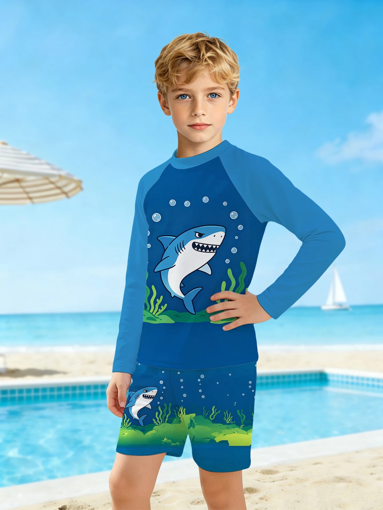 Boys' Summer Shark Fashion Two-piece Long Sleeved Swimsuit