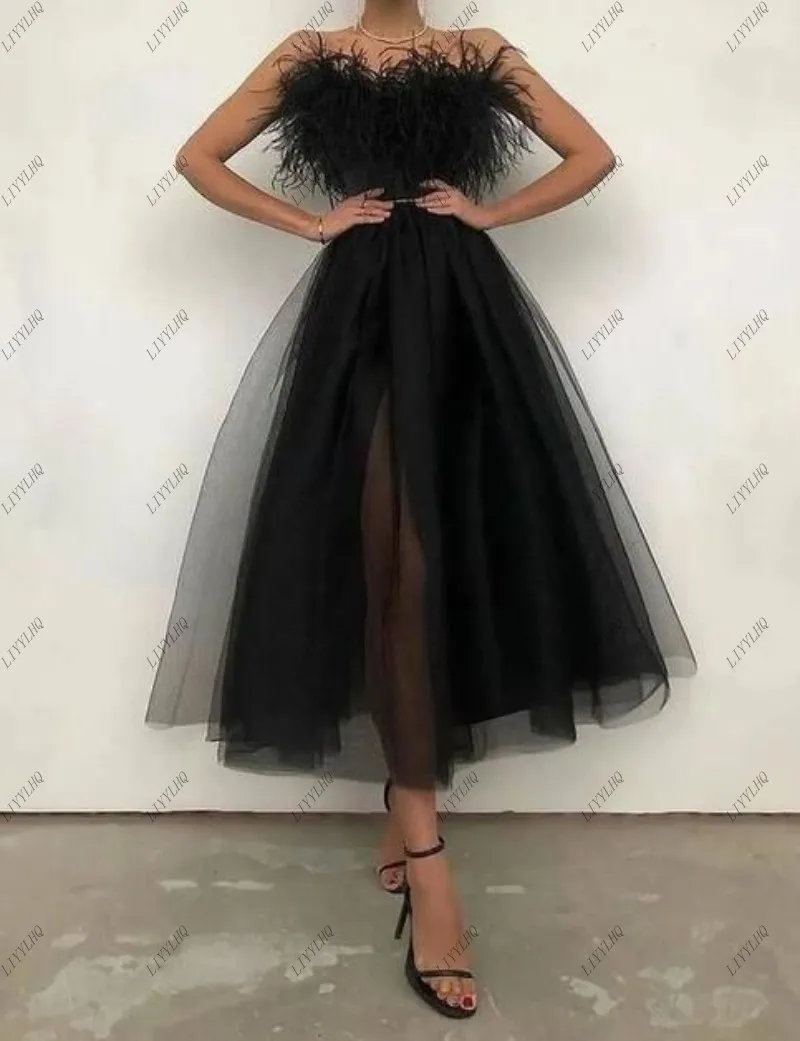 LIYYLHQ Elegant Feather Prom Dresses Strapless Tea Length Black Arabic Evening Gown Tulle Wedding Party Dress robe de soiree NEW