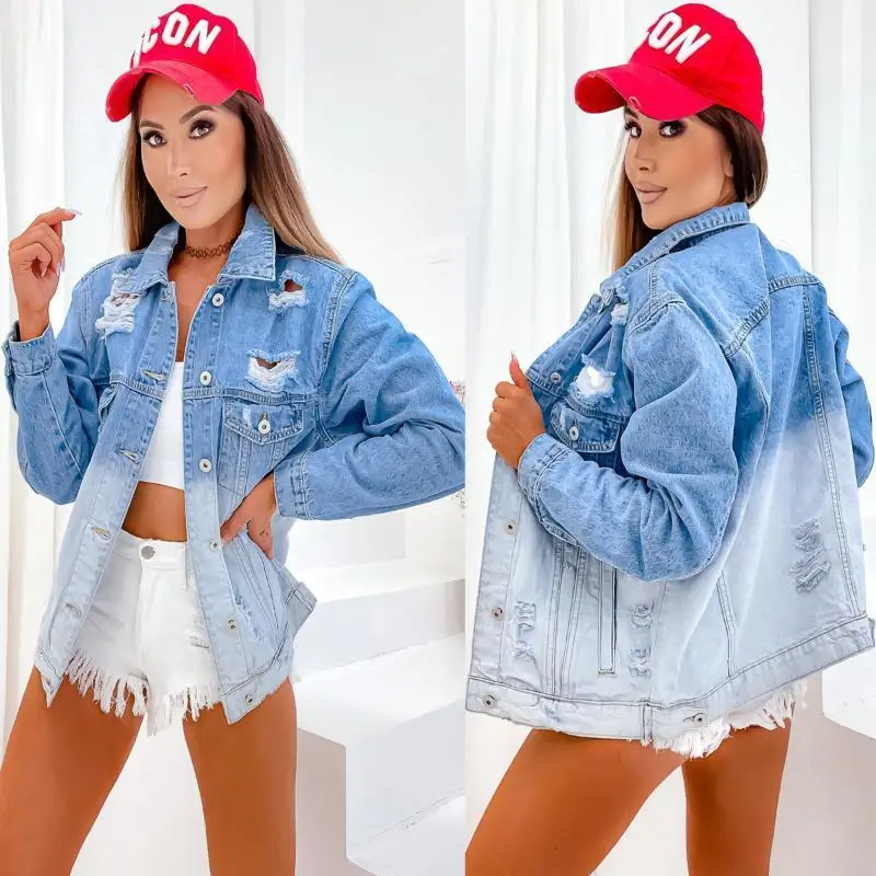 

Весенне-осенняя свободная повседневная рваная джинсовая куртка градиентного цвета, женская куртка-рубашка