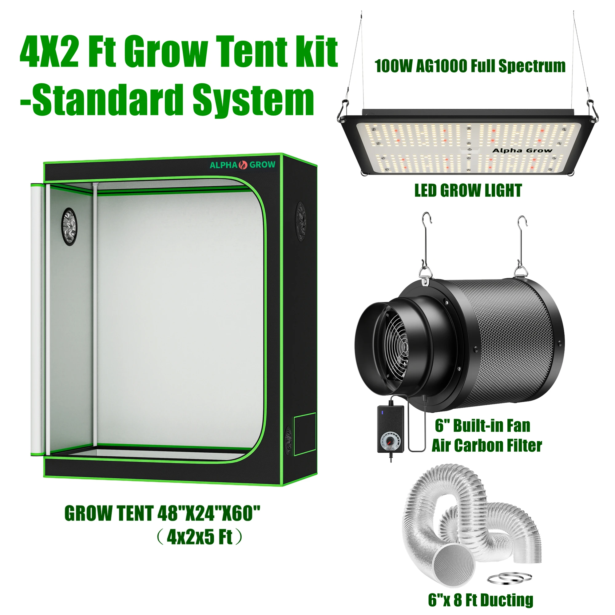 

Grow Tent System 4x2, 48"x24"x60"Grow Tent Kit, with Automate Ventilation and Circulation, Full Spectrum 100W LED Grow