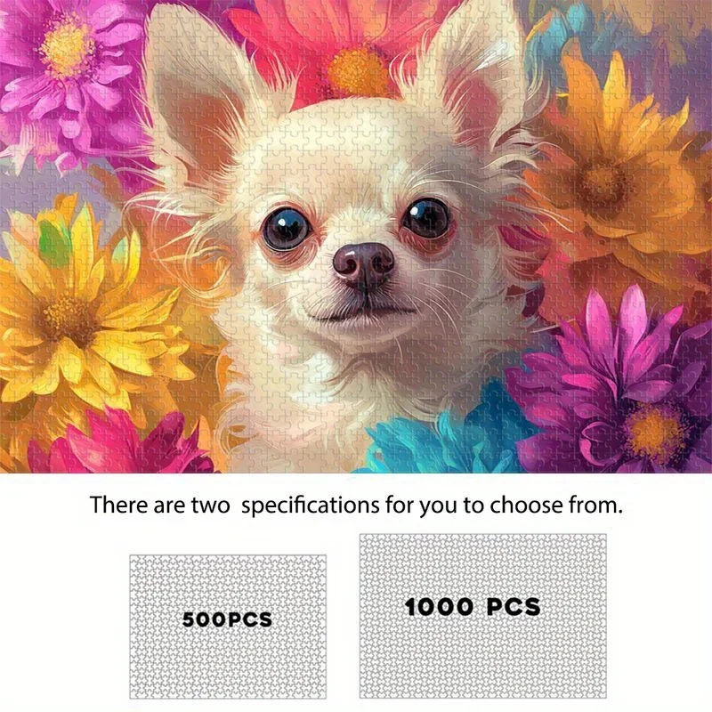 Rompecabezas de Chihuahua de 500/1000 piezas: ilustraciones florales vibrantes con un adorable diseño de perro, decoración colorida para el hogar y regalo para amantes de los perros, por