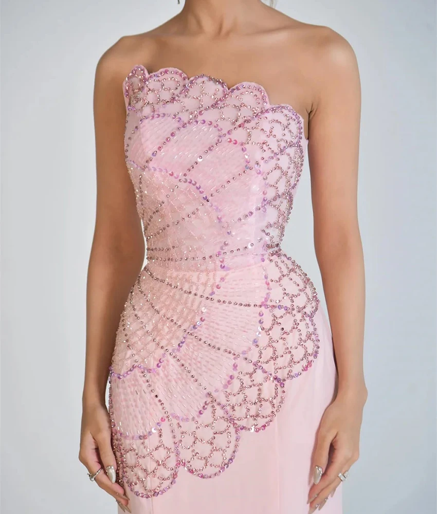 Vestido de noche personalizado de gasa exquisito, sirena, lentejuelas, cuentas, flores, delicado, sin tirantes, sin mangas, vestidos de celebridades