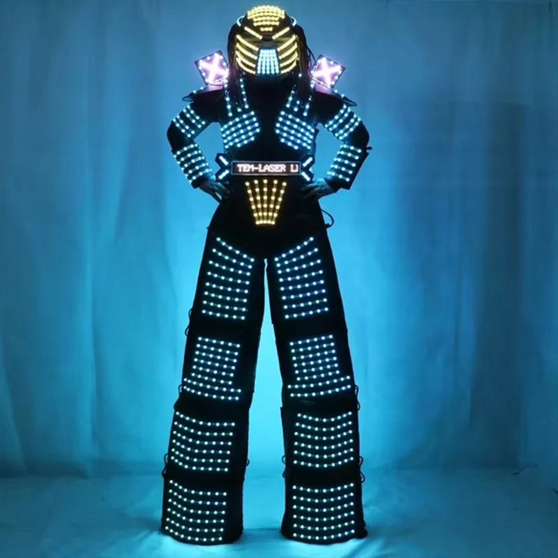 LED Robot Costume Clothes Full Color Pixel Light Up Stilts Walker Clothes Helmet Laser Gloves LED Luminous Jacket Suit