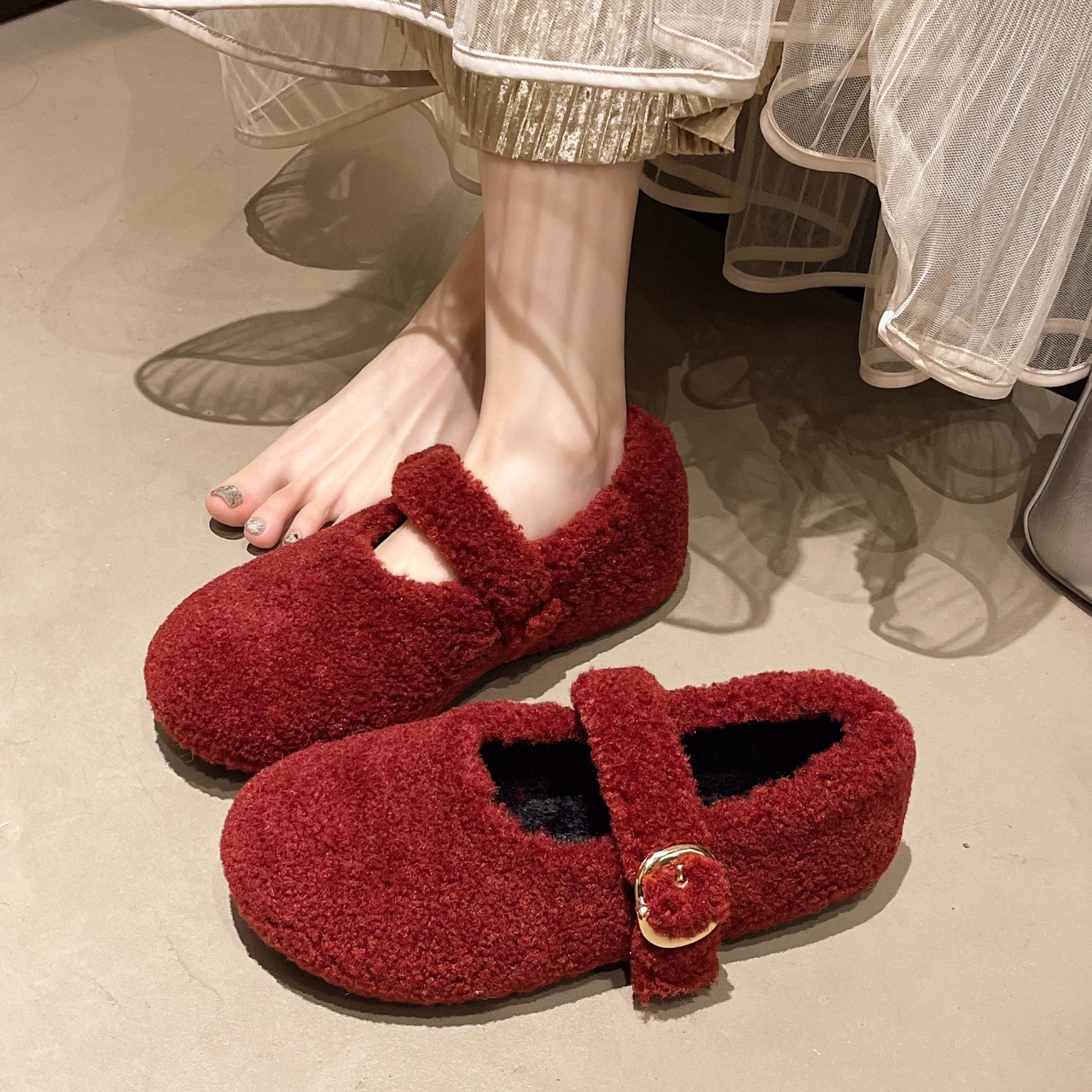 

Gold Buckle Strap Lambswool Ballet Flat Shoes Woman Winter Teddy Fur Mary Jane Shoes Ladies Round Toe Warm Plush Fluffy Loafers