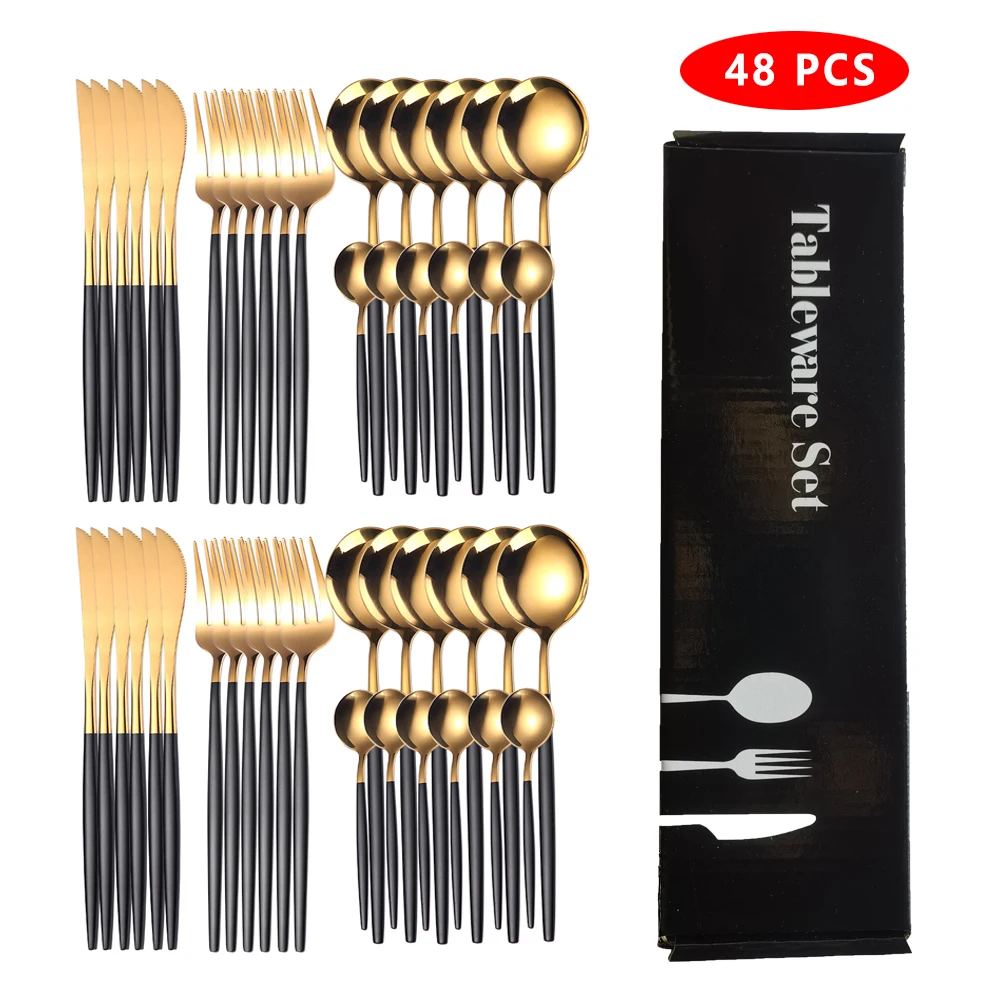 

48Pcs Stainless Steel Cutlery Set Black Gold Dinnerware Spoon Fork Knife Western Cutleri Silverware Tableware Set Supplies