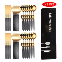 48Pcs Stainless Steel Cutlery Set Black Gold Dinnerware Spoon Fork Knife Western Cutleri Silverware Tableware Set Supplies