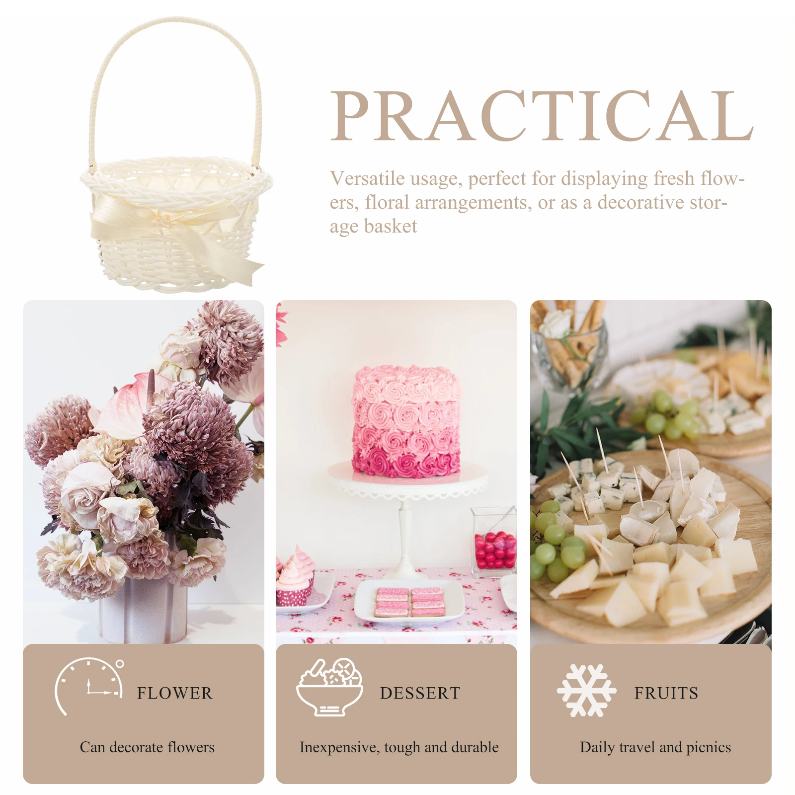 

2pcs Flower Basket Storage Baskets Imitation Rattan Round Design Decorative Handle Home Flower Basket With Handle Decor Style