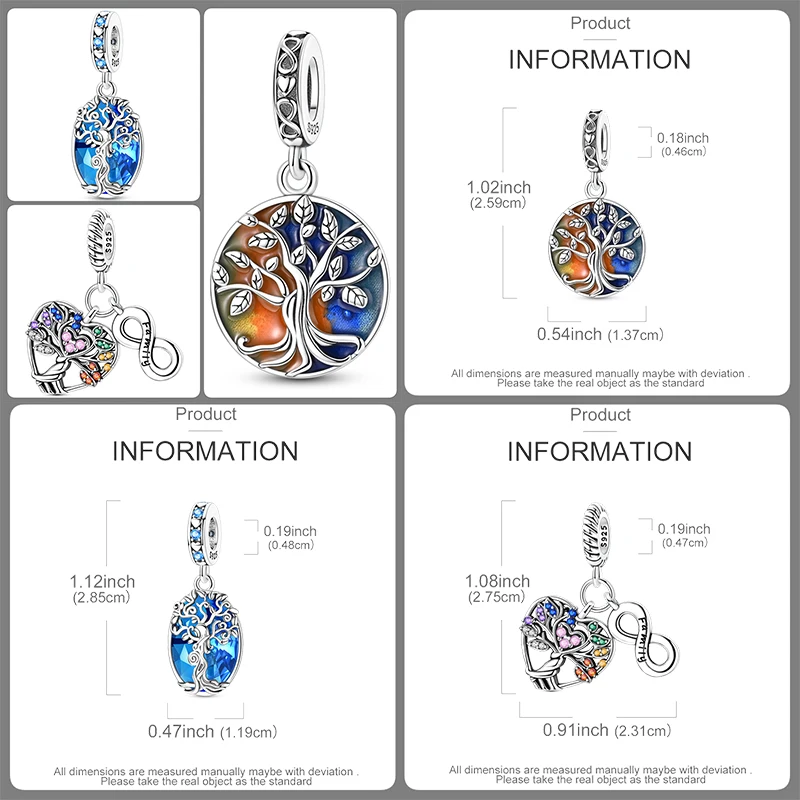 3-teiliges 925 Sterling Silber Lebensbaum-Charm-Set Familienbaum Herz Mond Sonne Schmetterling DIY Original Armband Halskette für Frauen – Detail 9
