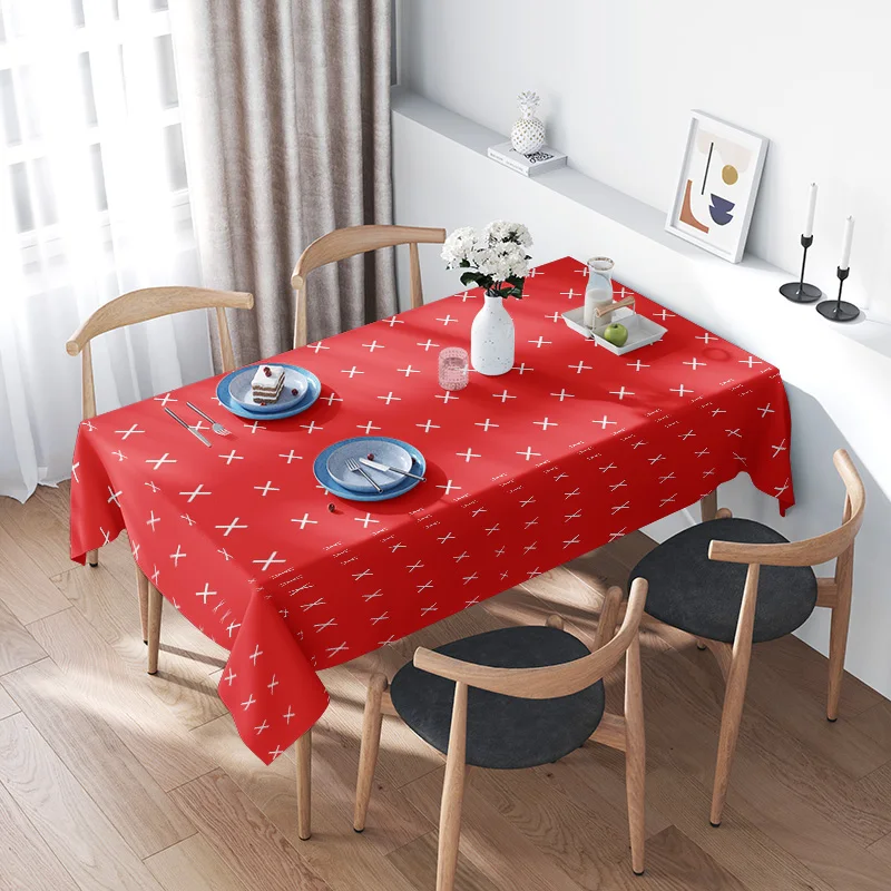 Modern Red White Cross Flower Print Tablecloth for Dining Room Decor Home Decoration Supplies