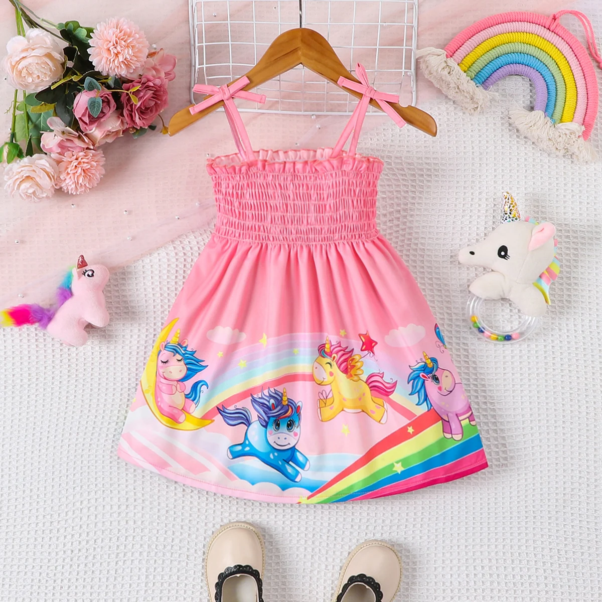 Baby Girl Fashion Cute Cartoon Unicorn Printed Skirt with Bow Decoration Strap Dress Summer