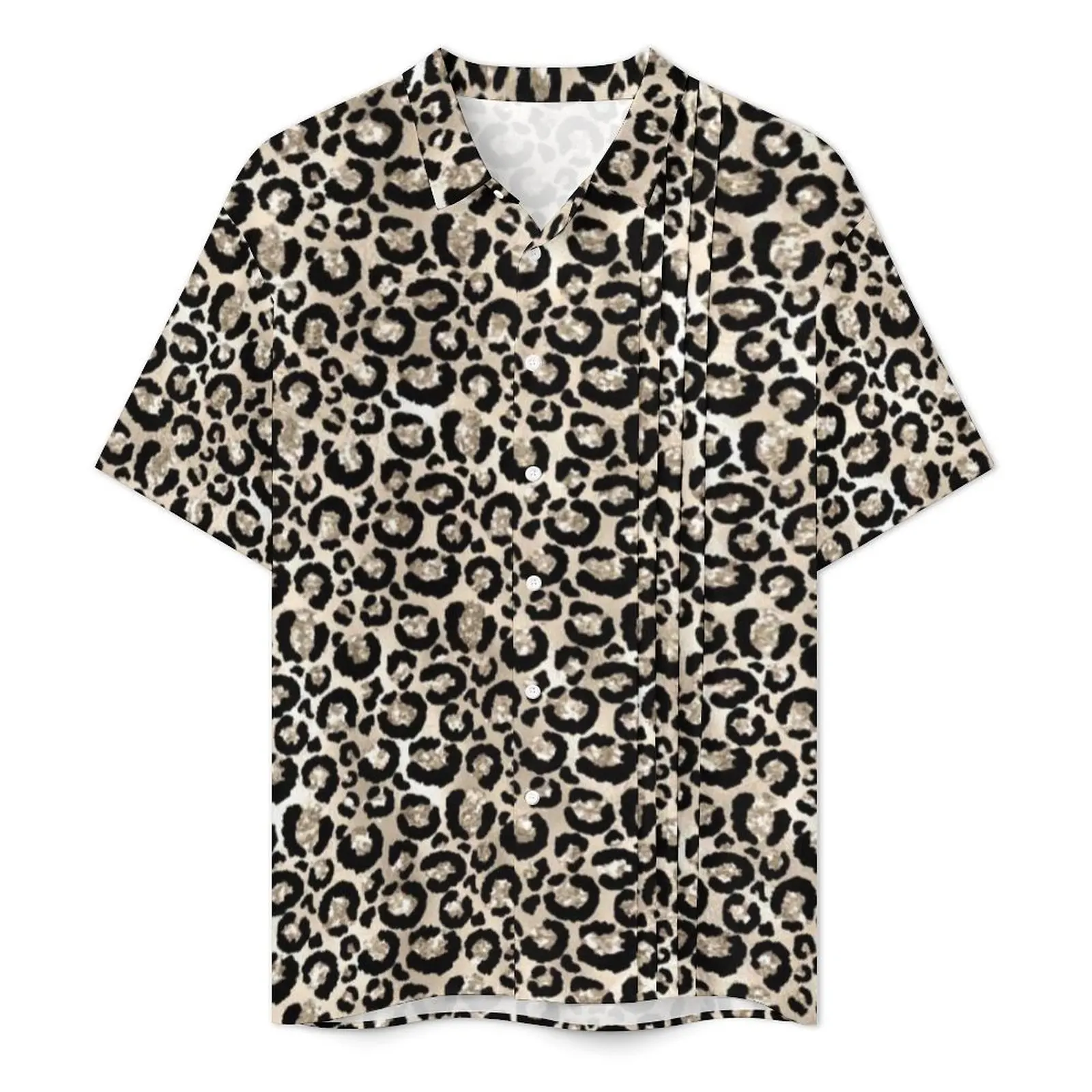 Glitter Cheetah Spots Beach Shirt Male Glam Champagne Leopard Print Vintage Casual Shirts Hawaiian Short Sleeves Fashion Blouses