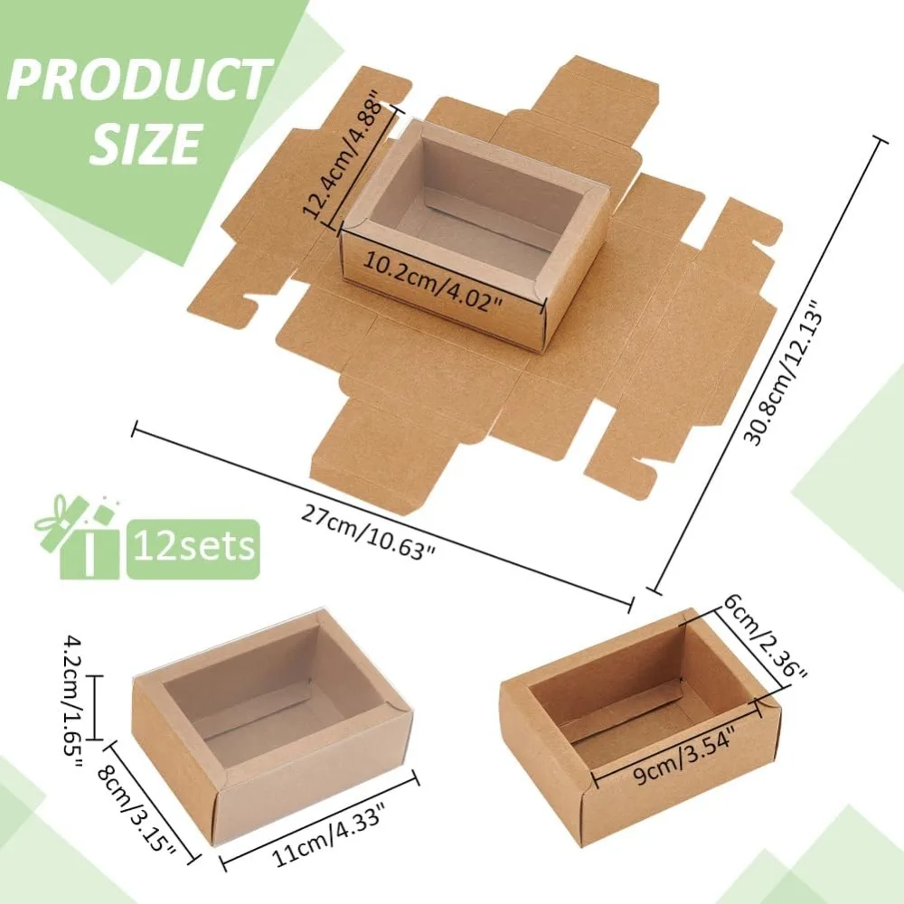 12 Pcs Rectangle Drawer Kraft Boxes, 4.33x3.15x1.65 Inch Gift Packaging Case Foldable Paper Drawer Boxes with Clear Plastic